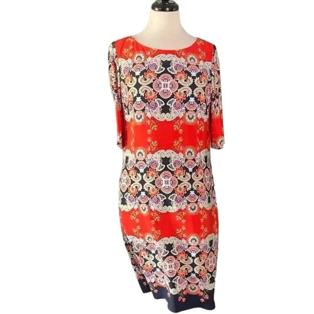 Eliza J Red and Navy Patterned Midi Dress